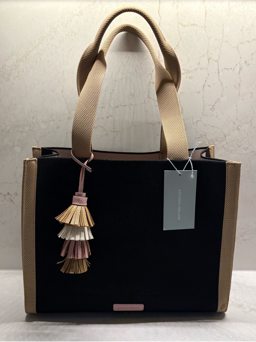 ANTONIO MELANI Black and Beige Tote with Multi-Tassel Accent